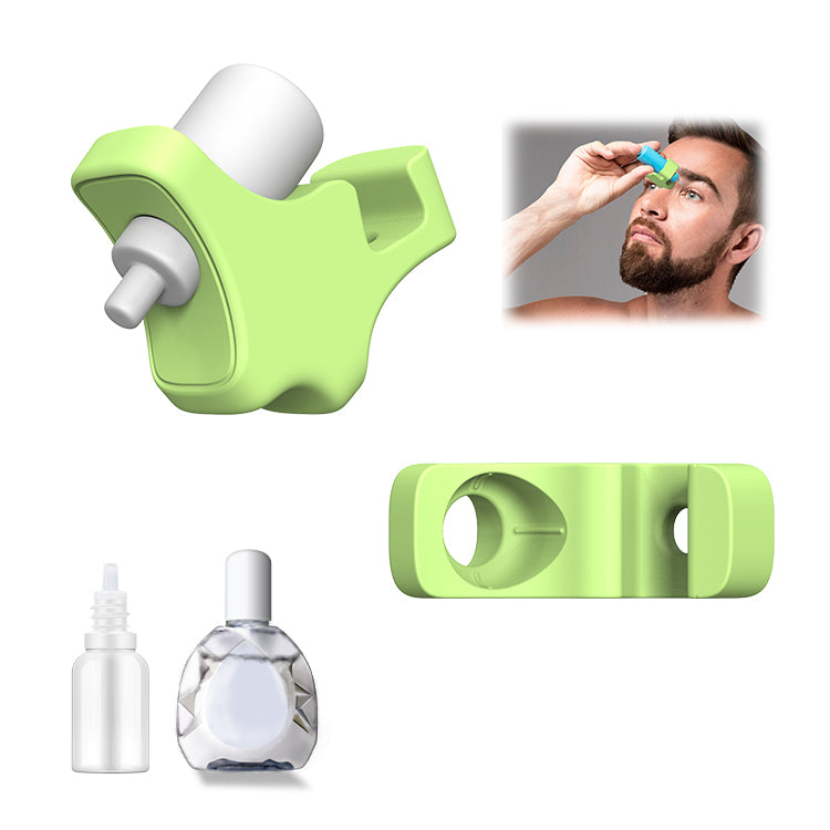 Green eye-drop guide with compatible bottle examples