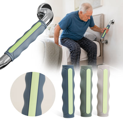 Handrail sleeve shown on a rail beside an older adult