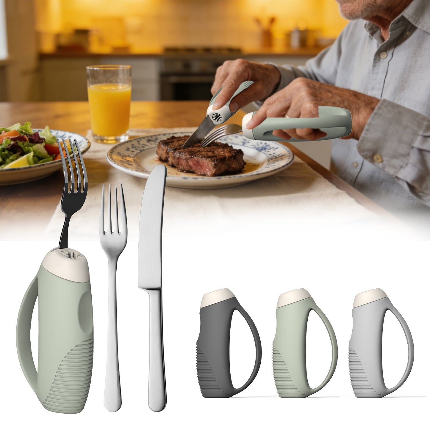 Built-up grip accessory shown with cutlery at a meal