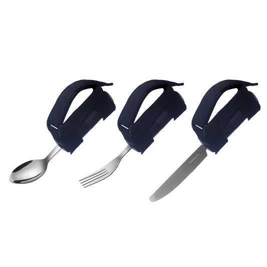 Adaptive spoon, fork and knife with deep navy hand-support handles
