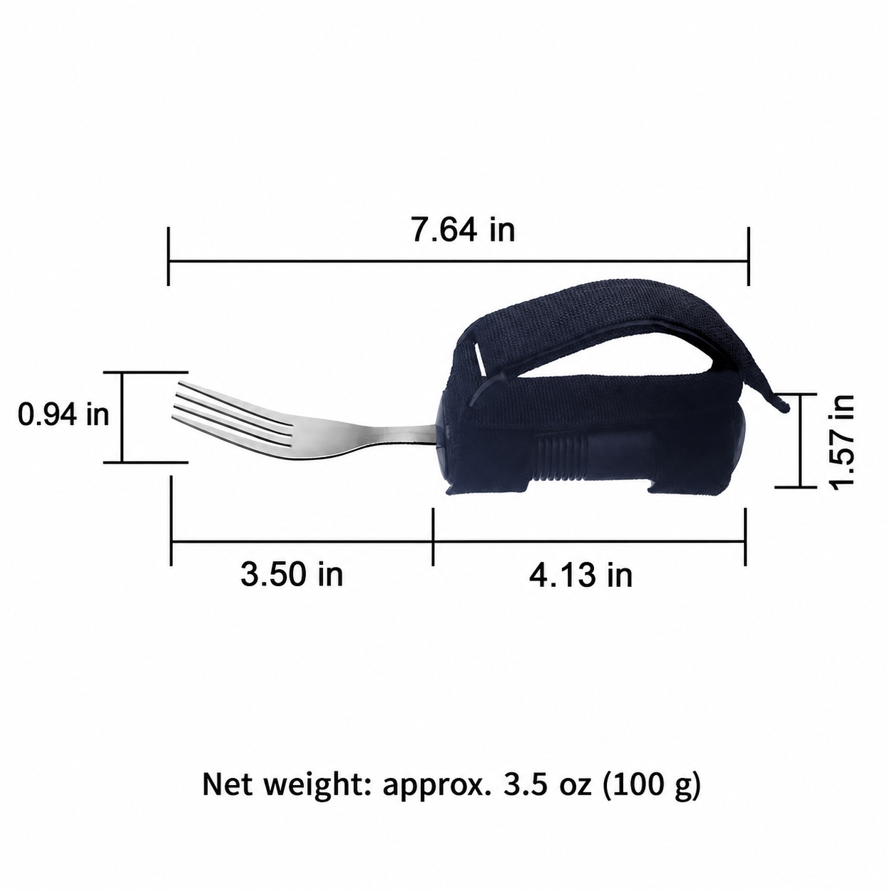 Adaptive fork with deep navy hand support, dimensions in inches