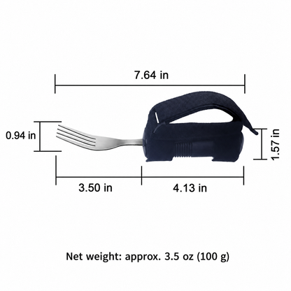 Adaptive fork with deep navy hand support, dimensions in inches