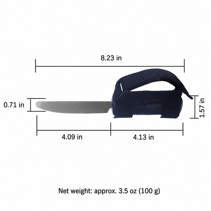 Adaptive knife with deep navy hand support, dimensions in inches