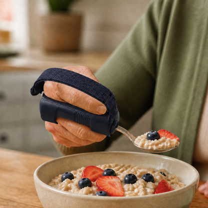Older adult using a deep navy adaptive spoon with oatmeal at home
