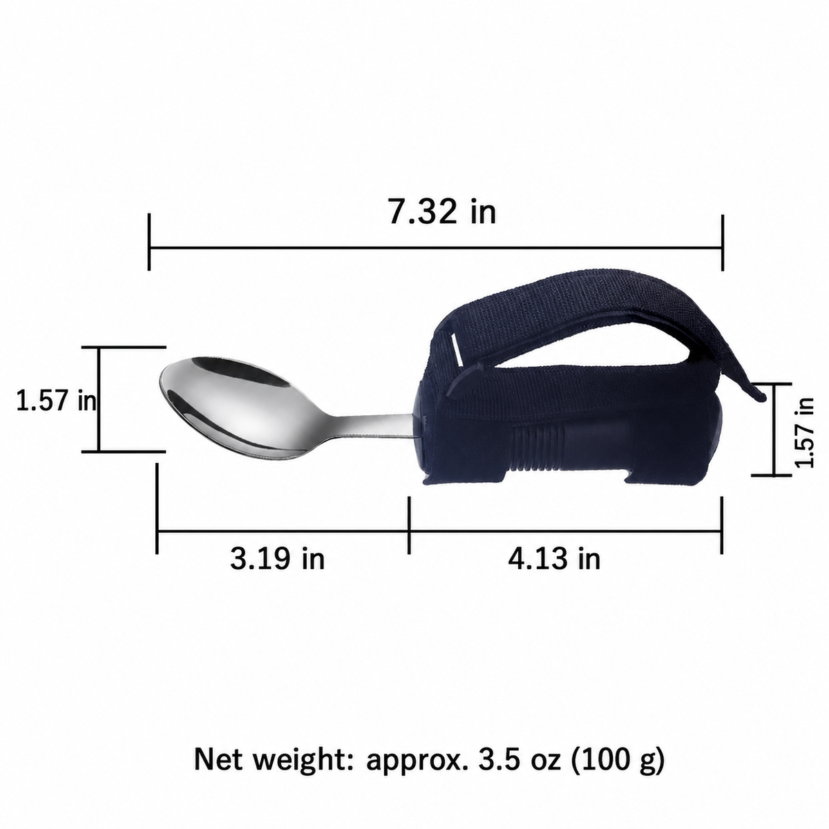 Adaptive spoon with deep navy hand support, dimensions in inches