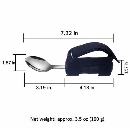 Adaptive spoon with deep navy hand support, dimensions in inches