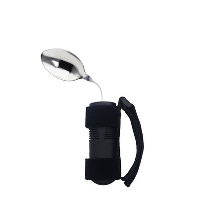Deep navy bent spoon with round-hole hand-support handle
