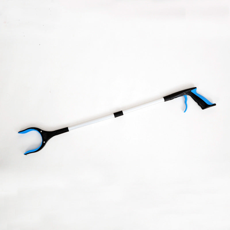 Blue-handled folding reacher on a white background