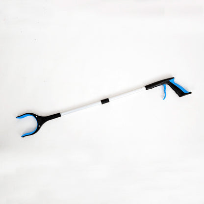 Blue-handled folding reacher on a white background