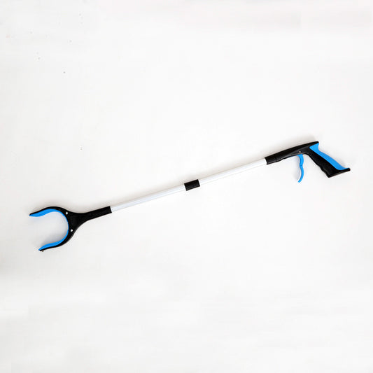 Blue-handled folding reacher on a white background