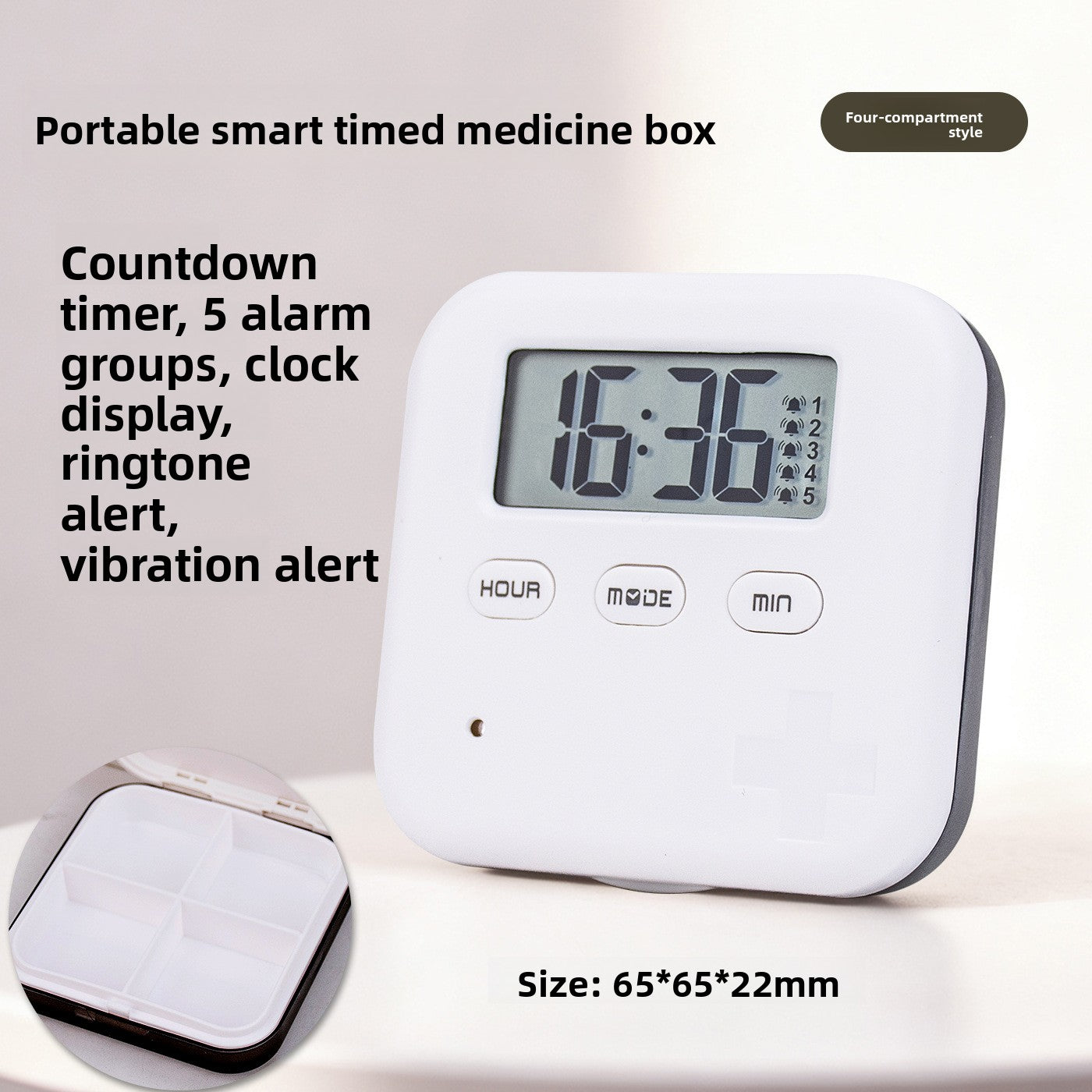 Four-compartment gray pill box with feature and size diagram