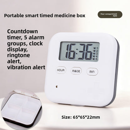 Four-compartment gray pill box with feature and size diagram