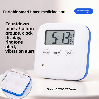Four-compartment blue pill box with feature and size diagram