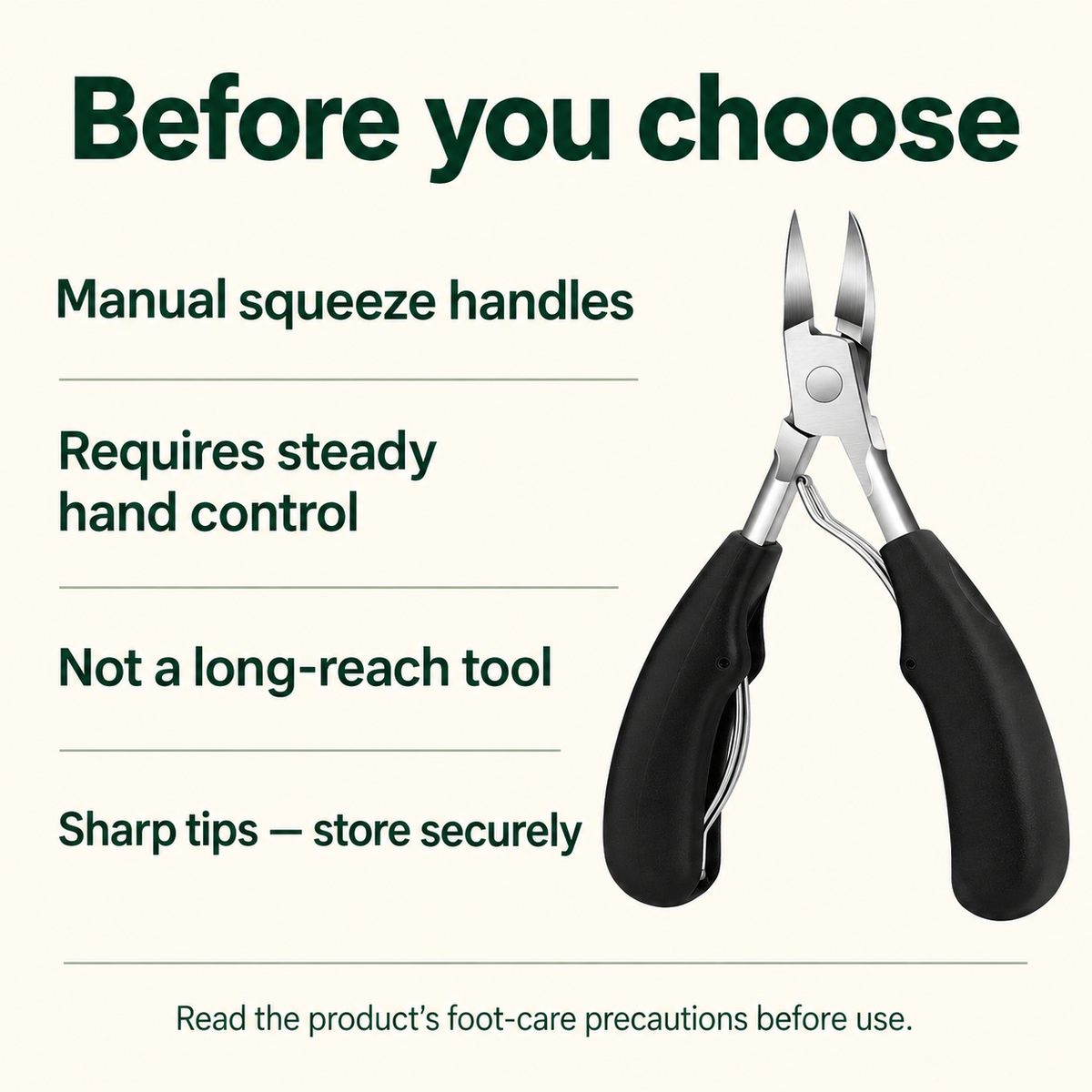 Toenail clipper buying guide: manual handles require hand control, comfortable reach and safe storage.