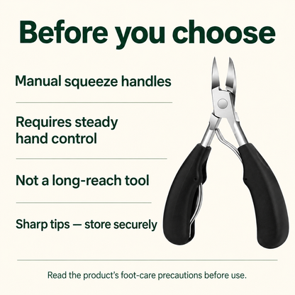 Toenail clipper buying guide: manual handles require hand control, comfortable reach and safe storage.