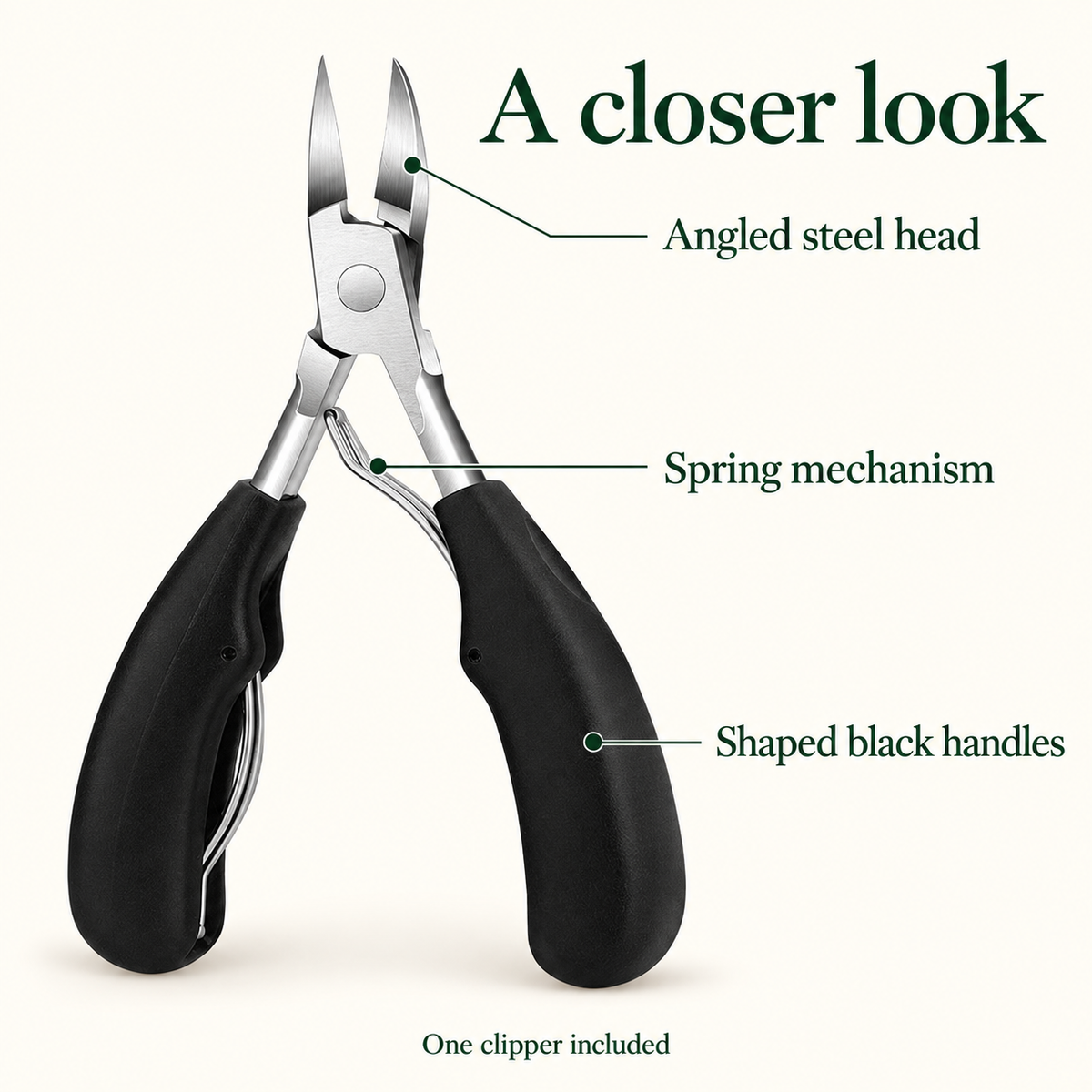 Angled steel head, wire spring and shaped black handles on one toenail clipper.