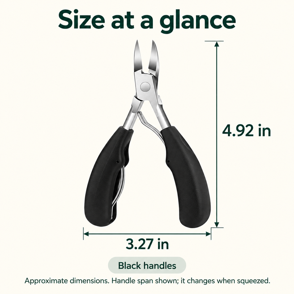 Black toenail clippers: approximately 4.92 inches long and 3.27 inches across handles as shown.