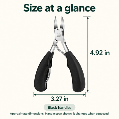 Black toenail clippers: approximately 4.92 inches long and 3.27 inches across handles as shown.