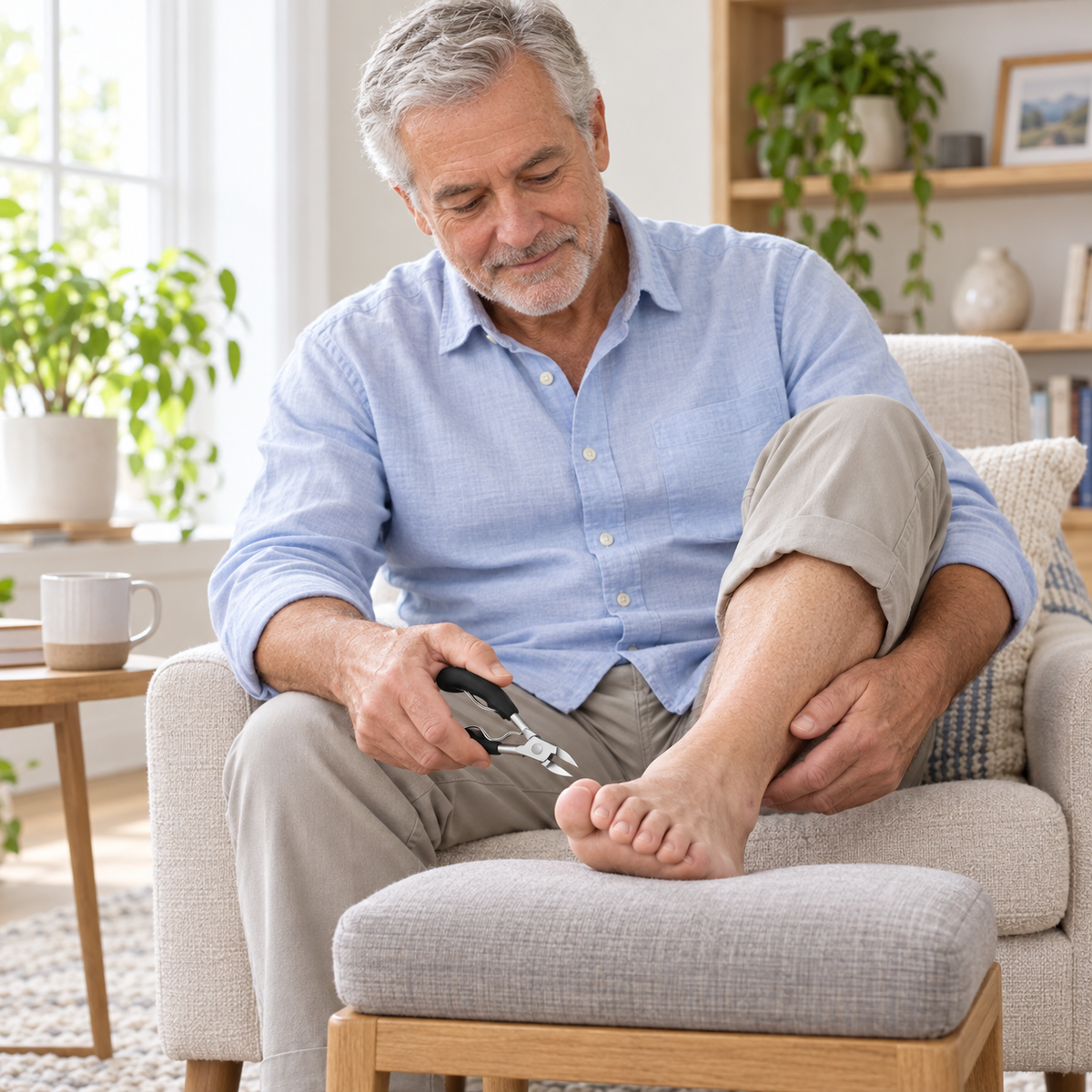 Older man holding black toenail clippers beside a supported foot during a home care routine.